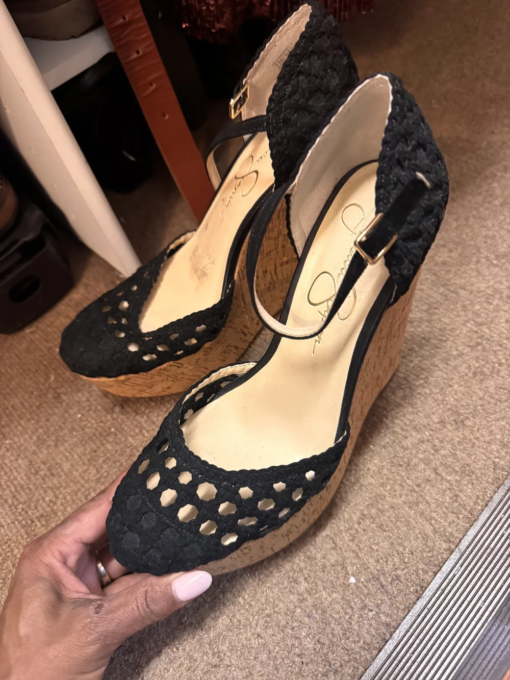 Jessica Simpson Black Woven Cork Platform Wedges